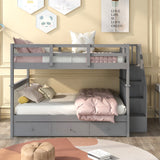 Stairway Full-Over-Full Bunk Bed with Drawer, Storage and Guard Rail for Bedroom, Gray color( old sku: LP000310AAE ) - Home Elegance USA