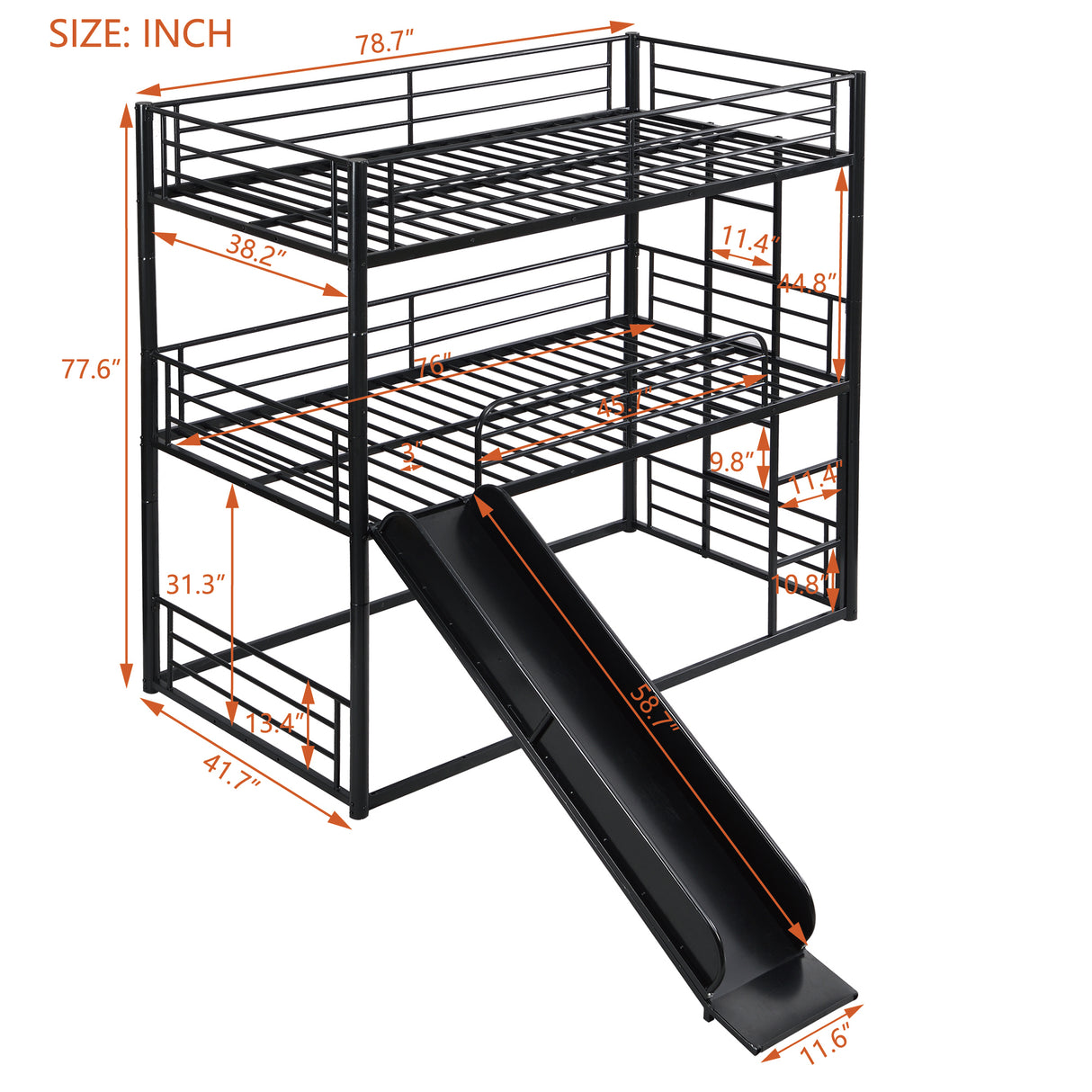 Twin Size Metal Bunk Bed with Ladders and Slide, Divided into Platform and Loft Bed, Black - Home Elegance USA