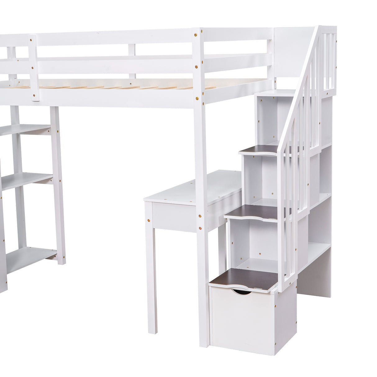 Twin size Loft Bed with Storage Drawers ,Desk and Stairs, Wooden Loft Bed with Shelves - White - Home Elegance USA