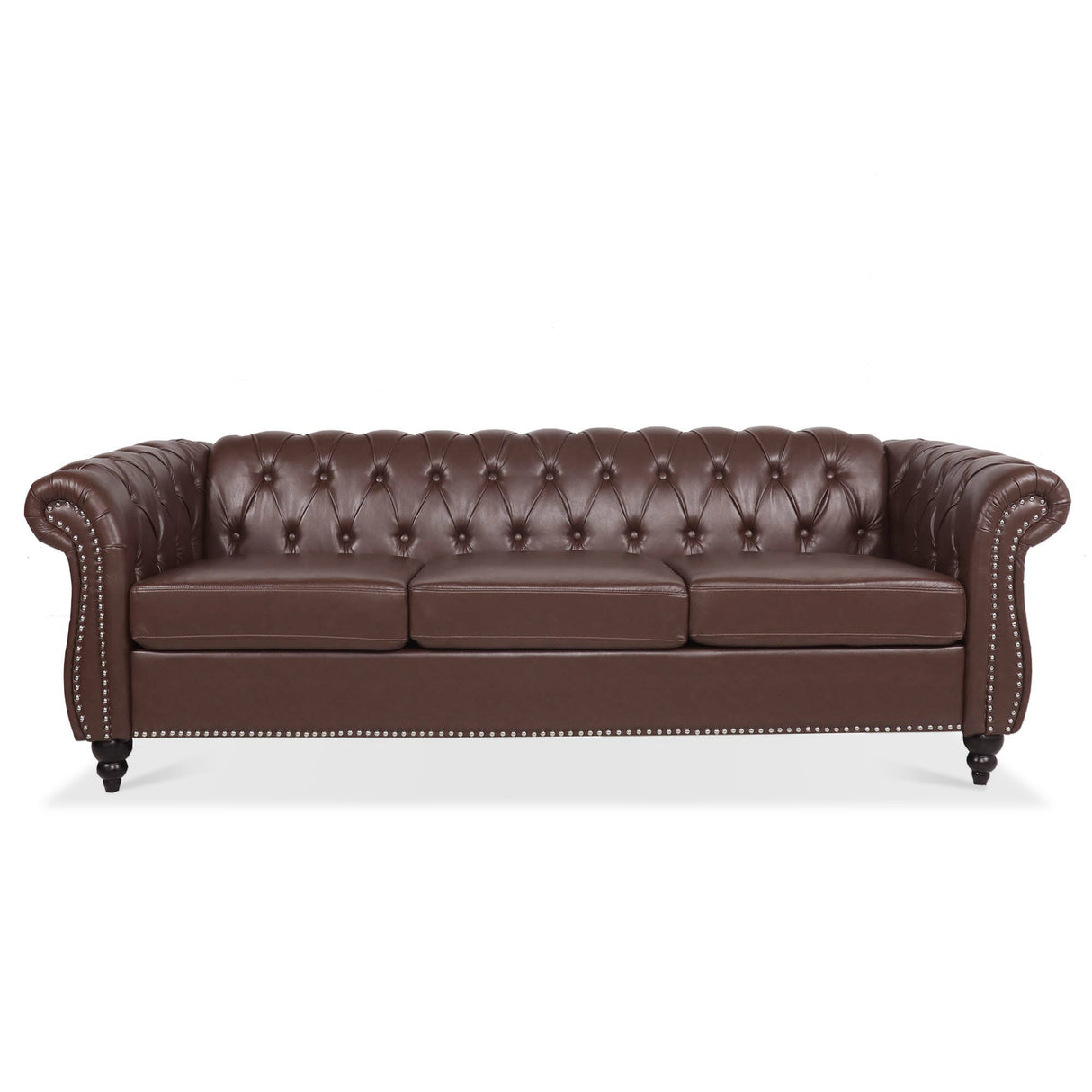 84.65" Dark Brown PU Rolled Arm Chesterfield Three Seater Sofa. - W68035342 - image - 3