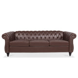 84.65" Dark Brown PU Rolled Arm Chesterfield Three Seater Sofa. - W68035342 - image - 3