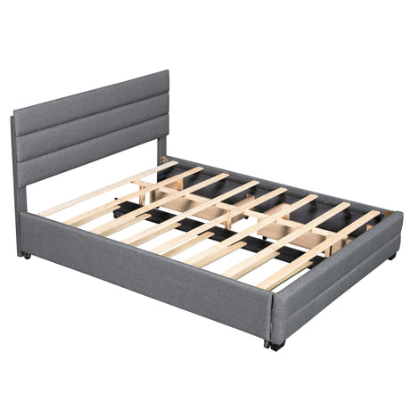 Queen Upholstered Platform Bed with Twin Size Trundle and Two Drawers,Grey - Home Elegance USA