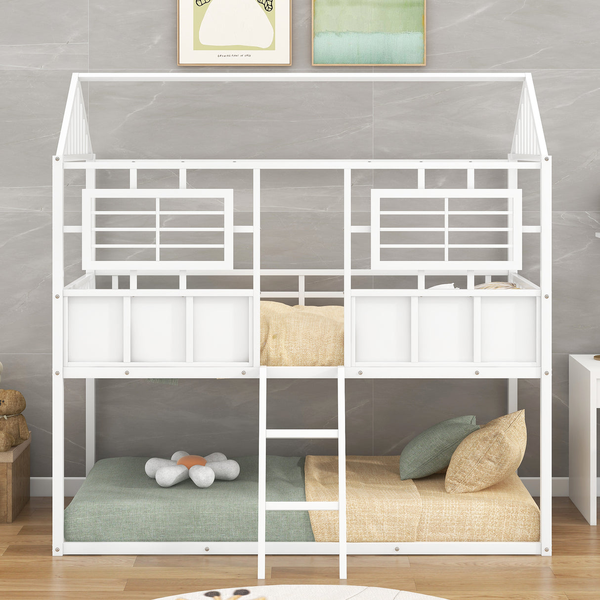 Twin over Twin Size Metal Low Bunk Beds with Roof and Fence-shaped Guardrail, White - Home Elegance USA