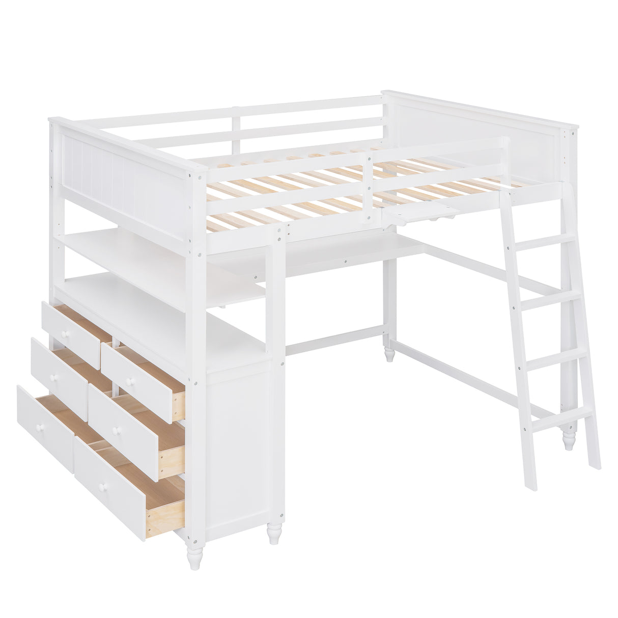 Full size Loft Bed with Drawers and Desk, Wooden Loft Bed with Shelves - White(OLD SKU:LT000529AAK) Home Elegance USA