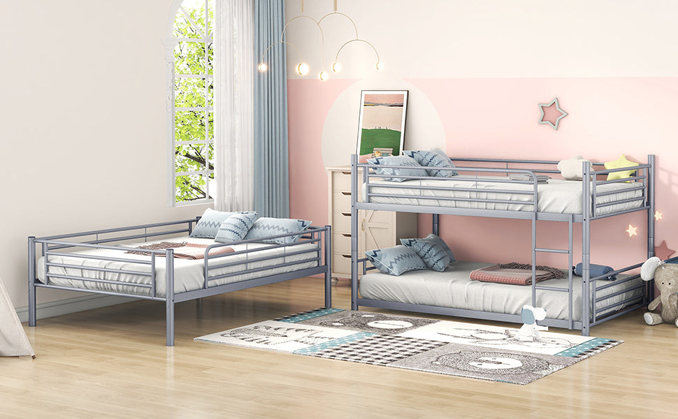 Full-Full-Full Metal  Triple Bed  with Built-in Ladder, Divided into Three Separate Beds,Gray - Home Elegance USA