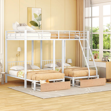 Full Over Twin & Twin Bunk Bed, Metal Triple Bunk Bed with Drawers and Guardrails, White - Home Elegance USA