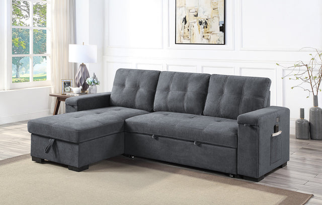 Toby Gray Woven Fabric Reversible Sleeper Sectional Sofa with Storage Chaise Cup Holder USB Ports and Pockets - Home Elegance USA