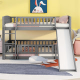 Bunk Bed with Slide,Full Over Full Low Bunk Bed with Fence and Ladder for Toddler Kids Teens Gray