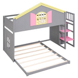 Twin over Full House Bunk Bed with Pink Staircase and Drawer,  Shelves Under the Staircase, House Shaped Bed with Windows, Gray - Home Elegance USA