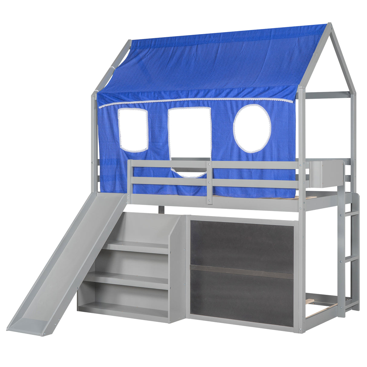 Twin over Twin House Bunk Bed with Blue Tent, Slide, Shelves and Blackboard, Gray - Home Elegance USA