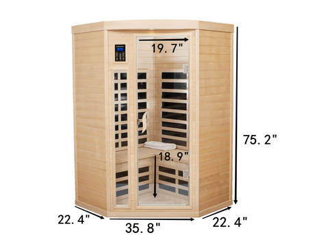 Pentagonal  Canadian hemlock sauna room.Far Infrared Sauna 7 Low EMF Heaters, Wooden Sauna Room 1600 Watt, Chromotherapy, Bluetooth Speaker, LCD, LED.Celsius can be converted to Fahrenheit.