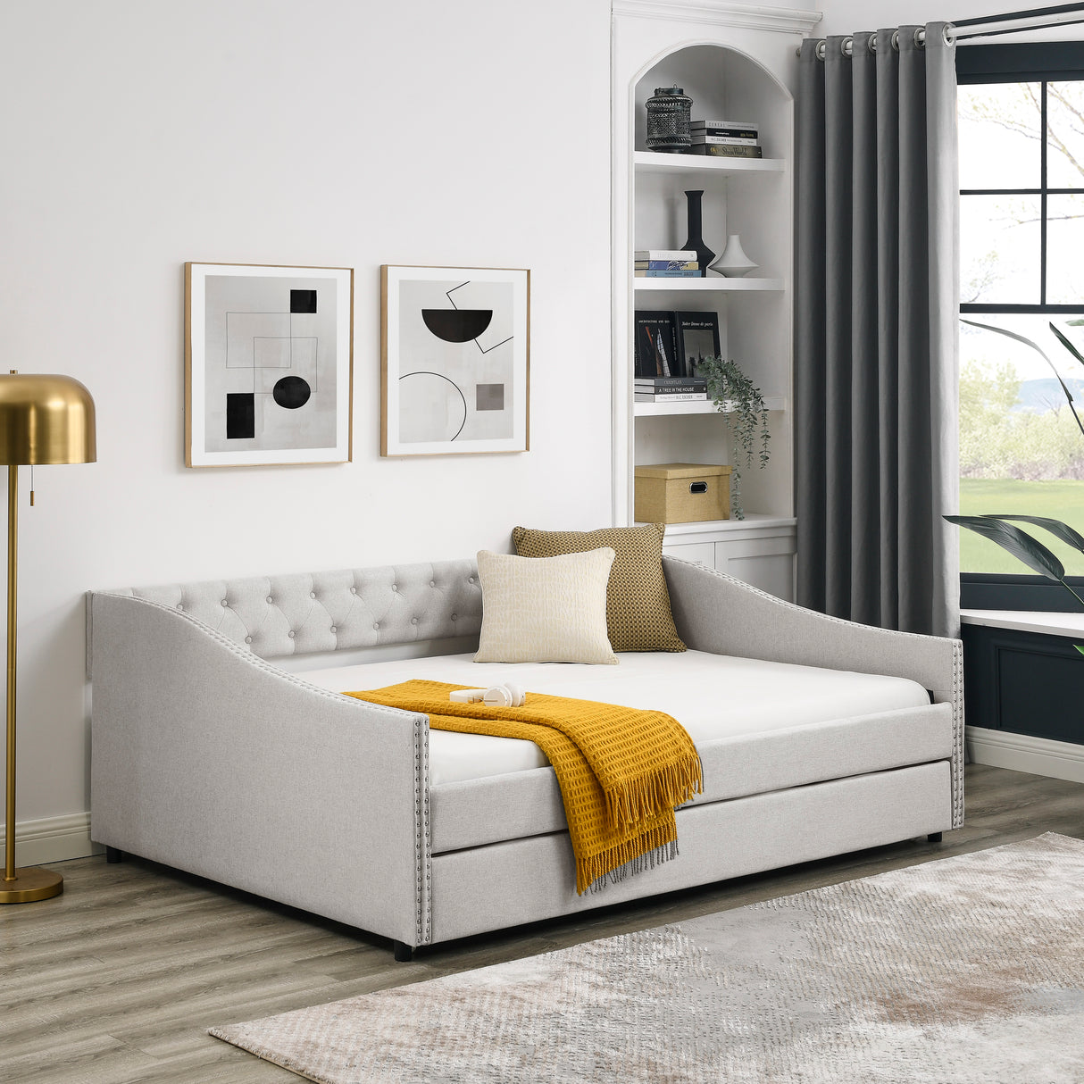 Full Size Daybed with Twin Size Trundle Upholstered Tufted Sofa Bed, with Button on Back and Copper Nail on Waved Shape Arms,Beige (80.5"x55.5"x27.5") Home Elegance USA