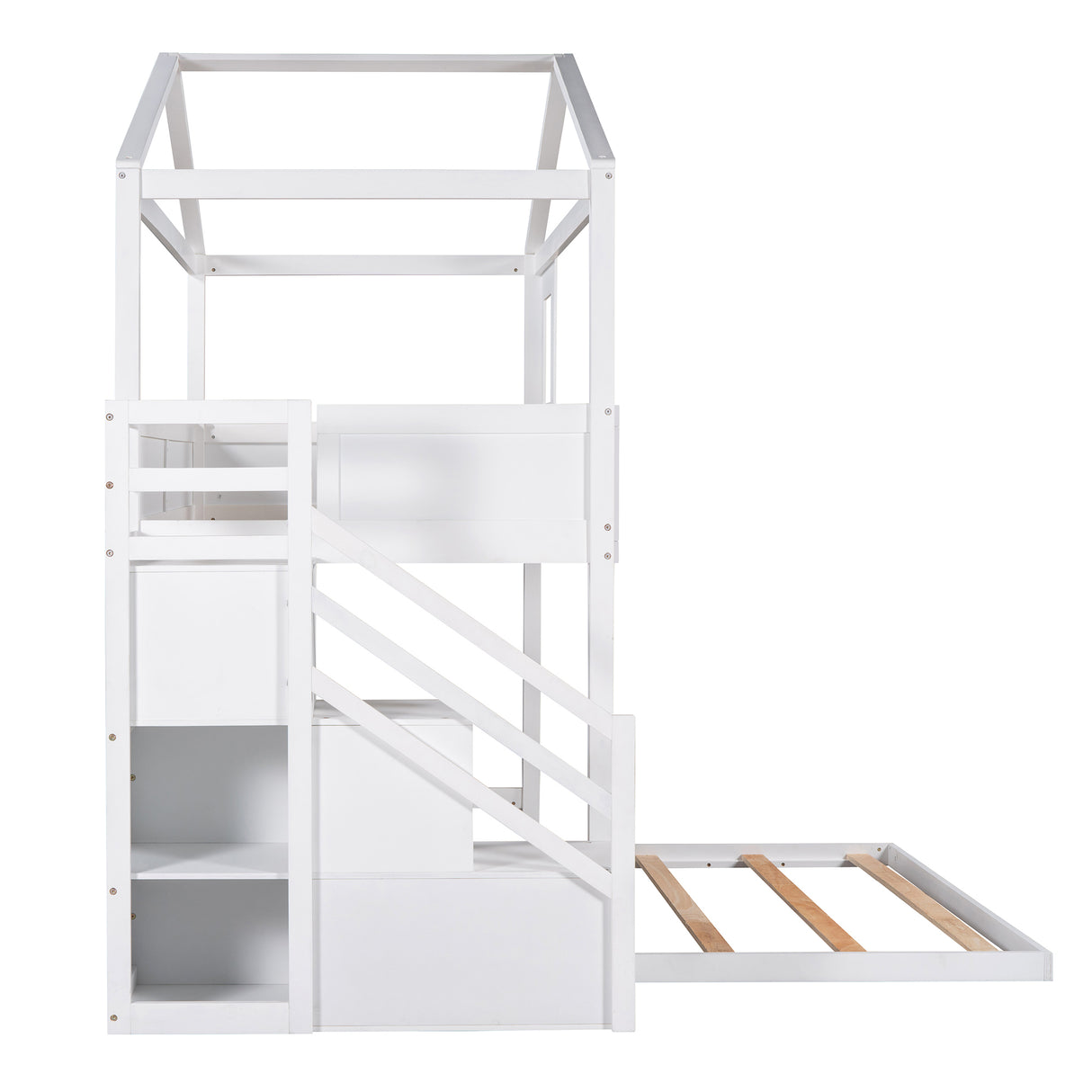 Twin over Full House Bunk Bed with Storage Staircase and Blackboard,White - Home Elegance USA