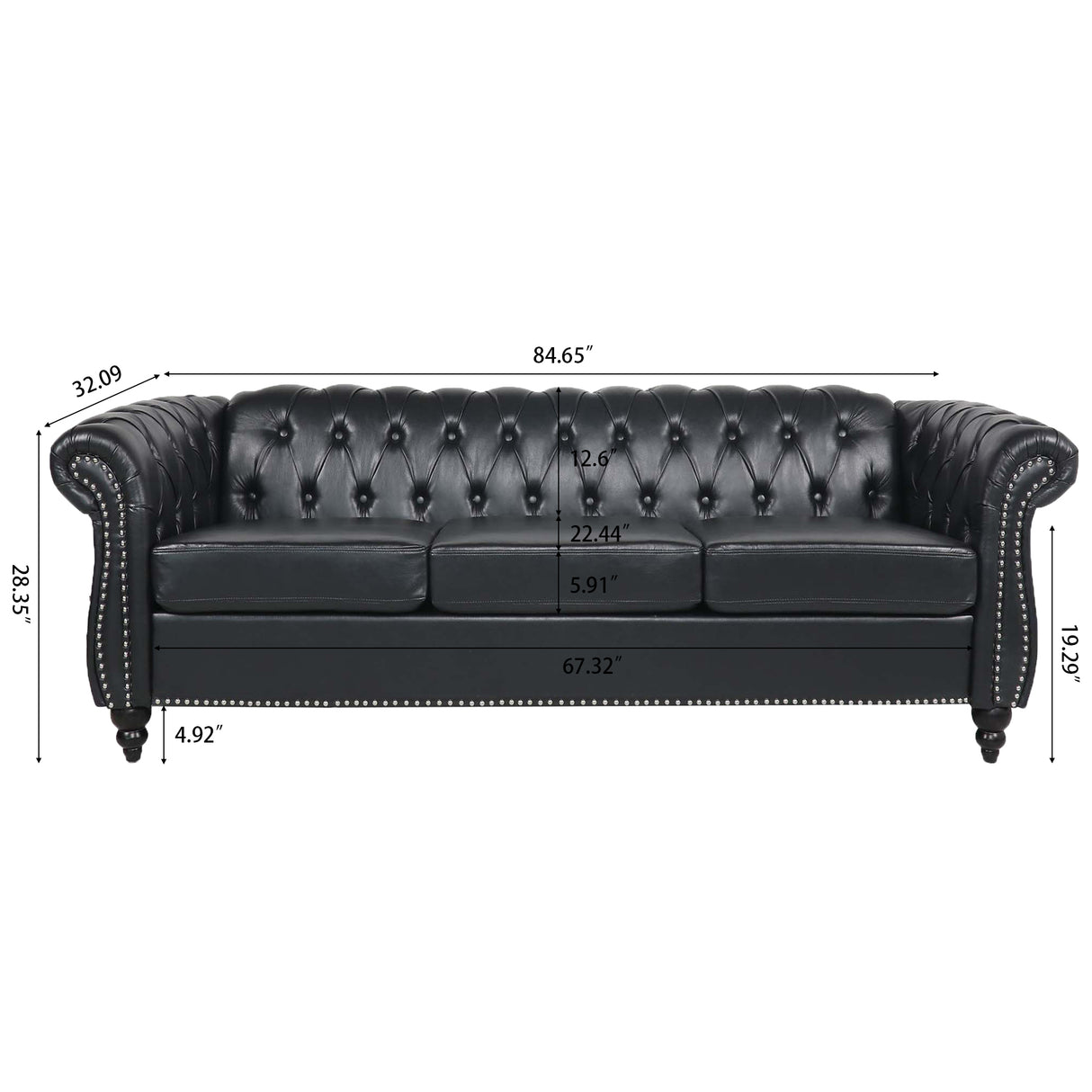 84.65" BLACK PU Rolled Arm Chesterfield Three Seater Sofa. | Home Elegance USA