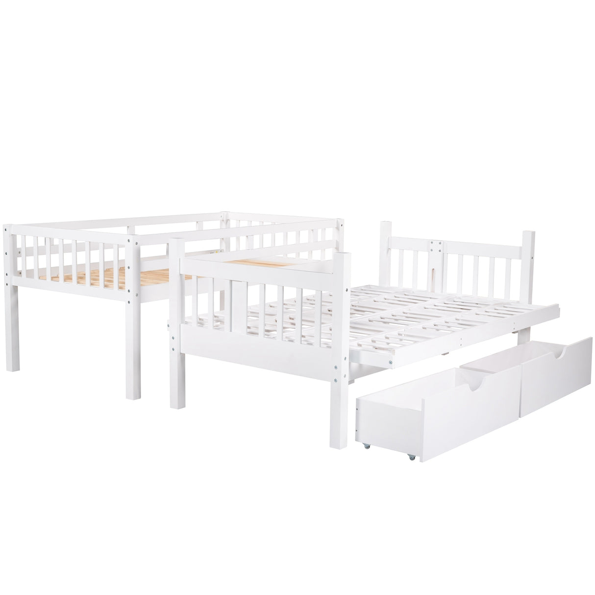 Twin over Full Bunk Bed with Two Drawers and Staircase, Down Bed can be Converted into Daybed,White Home Elegance USA