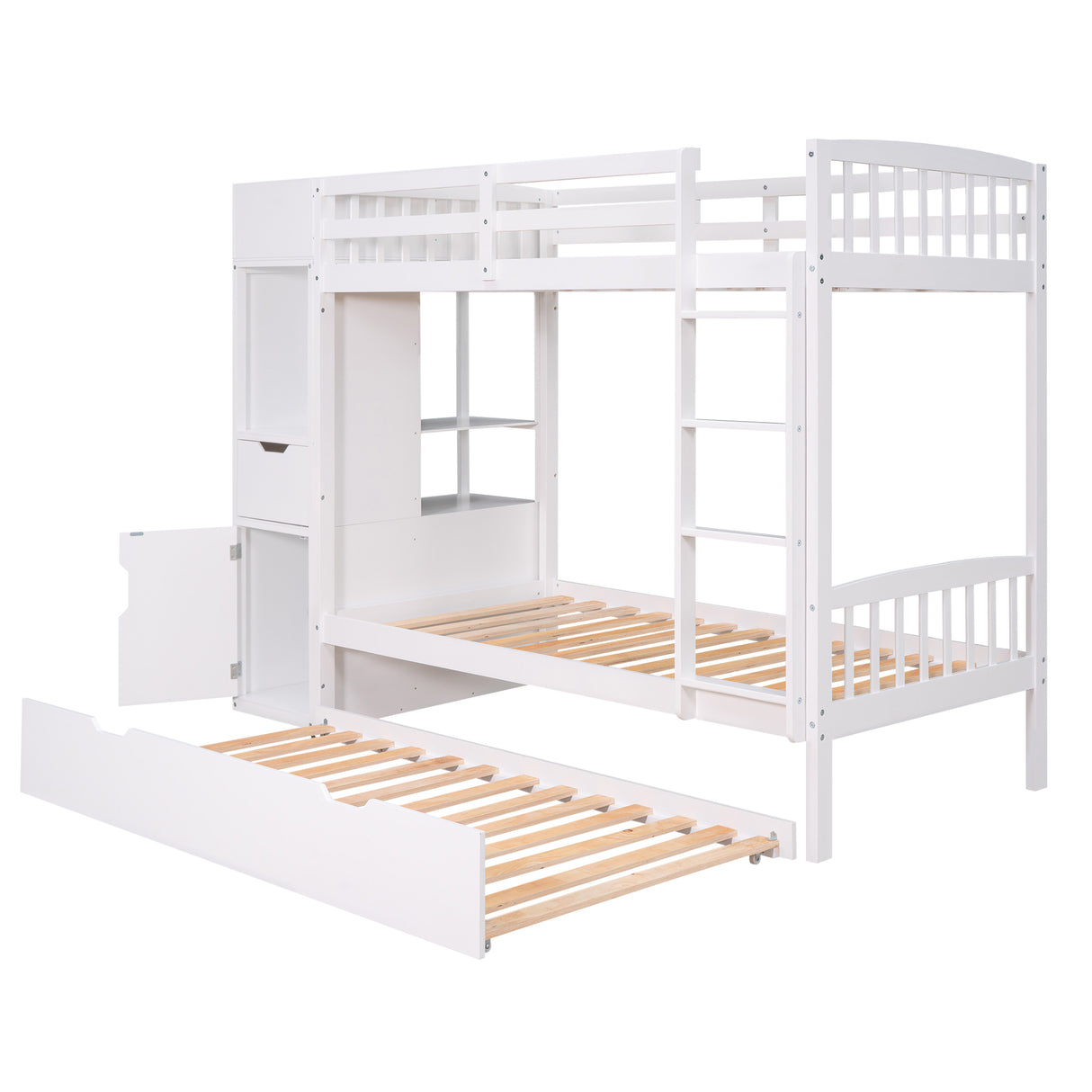 Twin Size Bunk Bed with Trundle and Attached Multifunctional Locker,White - Home Elegance USA