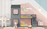 Twin Over Twin Bunk Bed with Storage Stairs,Wood Bed with Roof, Window, Guardrail, Ladder，Gray