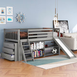 Low Loft Bed with Attached Bookcases and Separate 3-tier Drawers,Convertible Ladder and Slide,Twin,Gray - Home Elegance USA