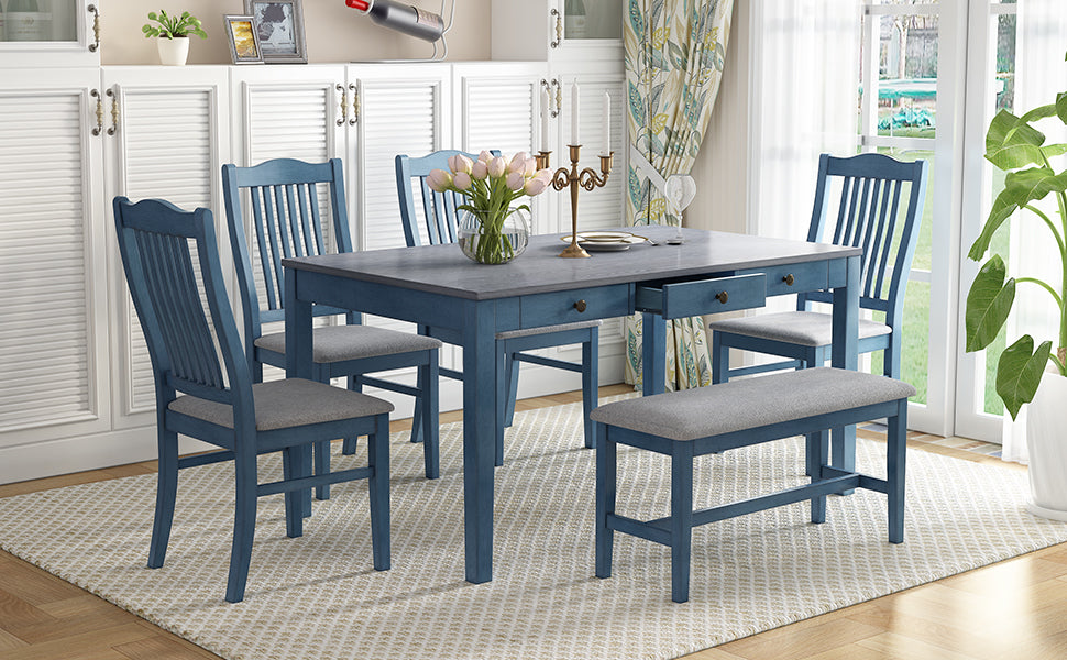 TOPMAX Mid-Century 6-Piece Wood Dining Table Set, Kitchen Table Set with Drawer, Upholstered Chairs and Bench, Antique Blue - Home Elegance USA