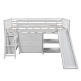 Low Loft Bed with Attached Bookcases and Separate 3-tier Drawers,Convertible Ladder and Slide,Twin,White - Home Elegance USA