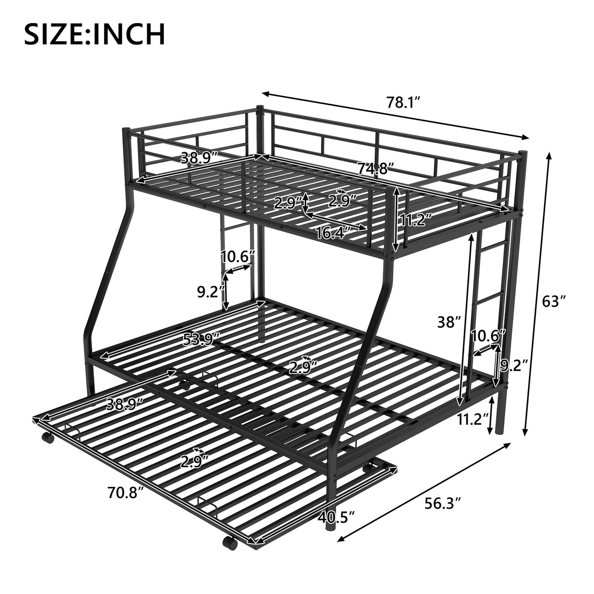 Twin over Full Bed with Sturdy Steel Frame, Bunk Bed with Twin Size Trundle, Two-Side Ladders, Black(OLD SKU:MF194424AAB) - Home Elegance USA