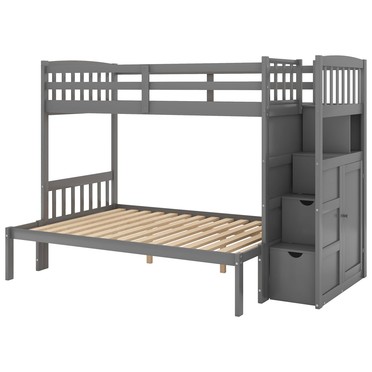 Twin over Full/Twin Bunk Bed, Convertible Bottom Bed, Storage Shelves and Drawers, Gray - Home Elegance USA