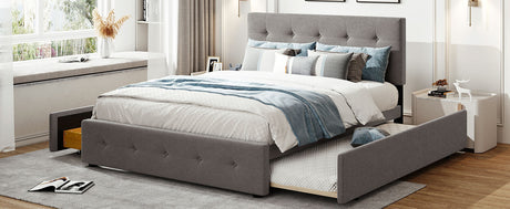 Upholstered Platform Bed with 2 Drawers and 1 Twin XL Trundle,  Linen Fabric, Queen Size - Light Gray(OLD SKU :LP000314AAN)