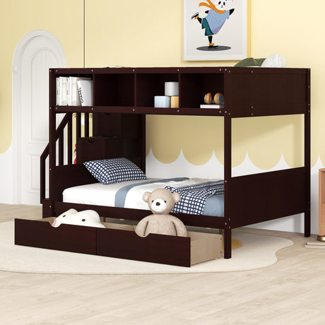 Twin over Full Bunk Bed with Shelfs, Storage Staircase and 2 Drawers, Espresso - Home Elegance USA