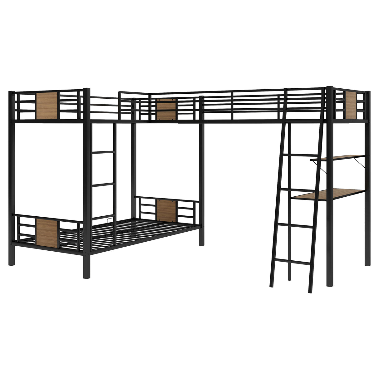 L-Shaped Twin over Twin Bunk Bed with Twin Size Loft Bed with Desk and Shelf ,Brown - Home Elegance USA