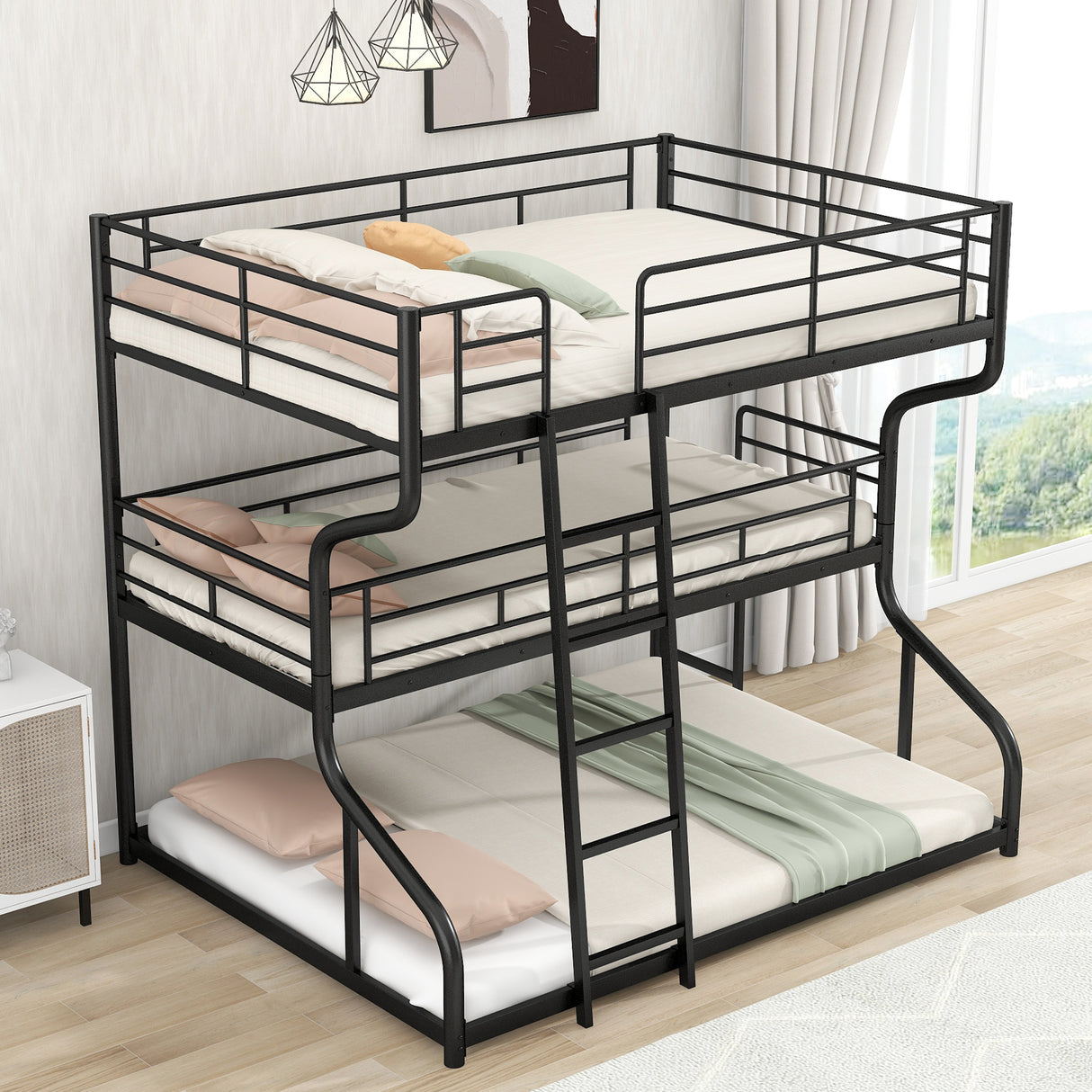 Full XL over Twin XL over Queen Size Triple Bunk Bed with Long and Short Ladder,Black - Home Elegance USA