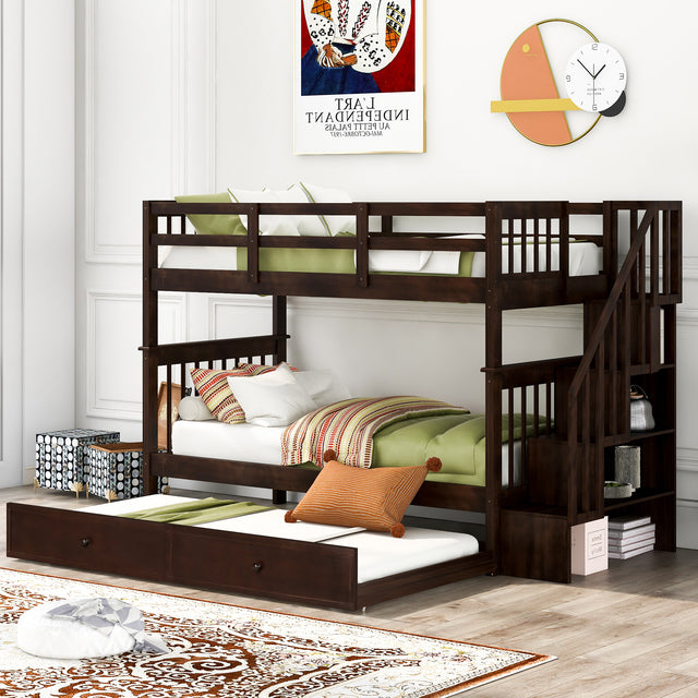 Stairway Twin-Over-Twin Bunk Bed with Twin size Trundle for Bedroom, Dorm, Adults, Espresso( old sku: LP000209AAP ) - Home Elegance USA