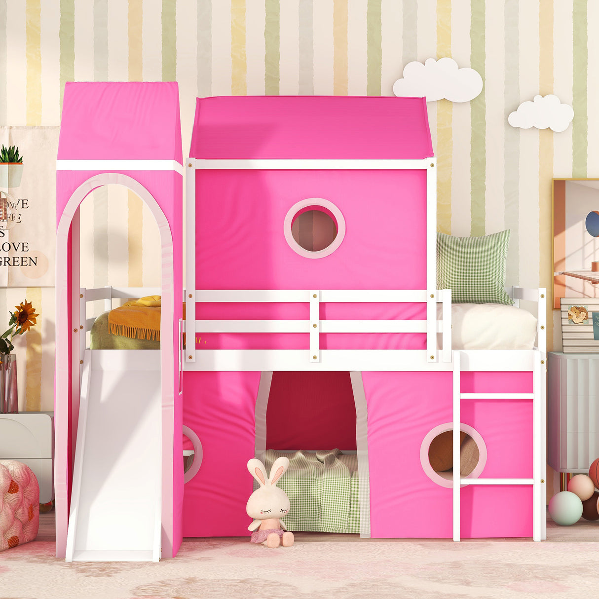 Twin Size Bunk Bed with Slide Pink Tent and Tower - Pink - Home Elegance USA