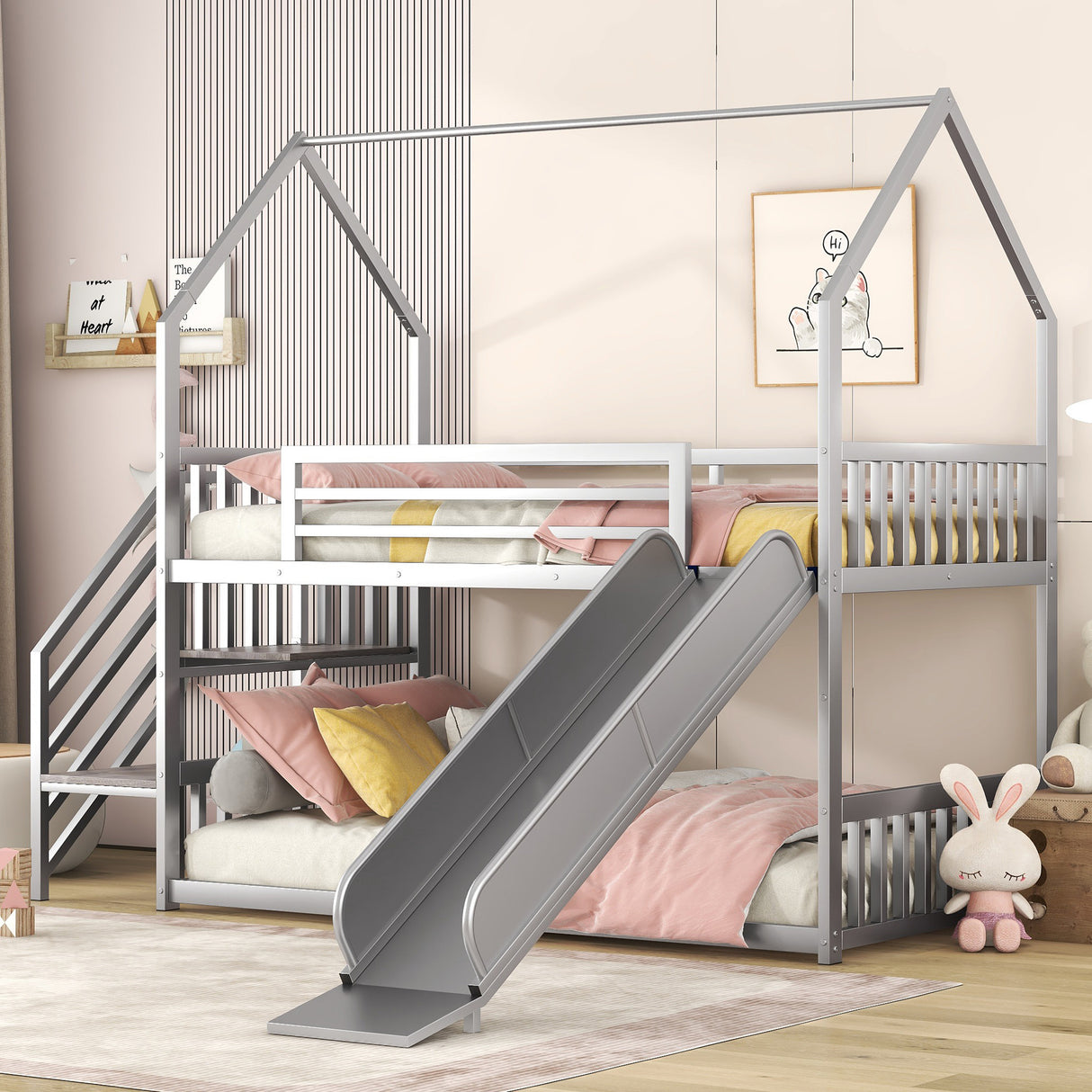 Twin over Twin Metal Bunk Bed House Bed with Slide and Staircase, Silver - Home Elegance USA