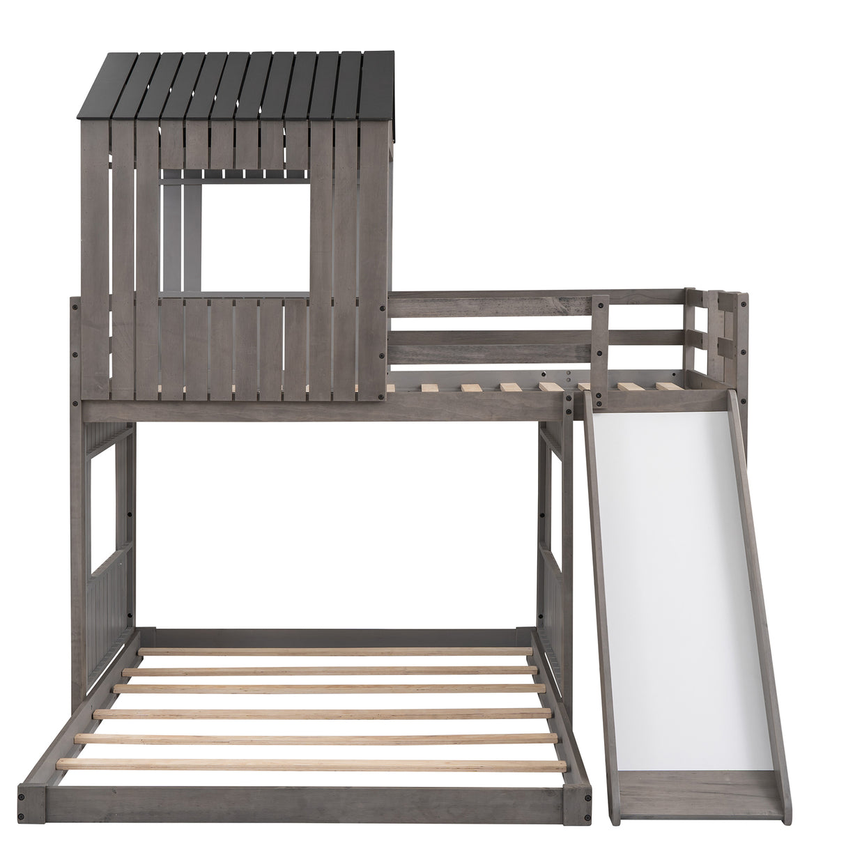 Wooden Twin Over Full Bunk Bed, Loft Bed with Playhouse, Farmhouse, Ladder, Slide and Guardrails, Antique Gray(OLD SKU :LT000028AAE) - Home Elegance USA