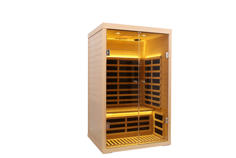 Two person wide space hemlock double doors great glass luxury indoor Far infrared sauna room
