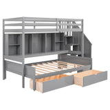 Twin XL over Full Bunk Bed with Built-in Storage Shelves, Drawers and Staircase,Gray - Home Elegance USA