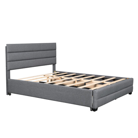 Queen Upholstered Platform Bed with Twin Size Trundle and Two Drawers,Grey - Home Elegance USA