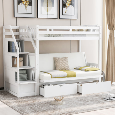 Twin over Full Bunk Bed with Two Drawers and Staircase, Down Bed can be Converted into Daybed,White - Home Elegance USA