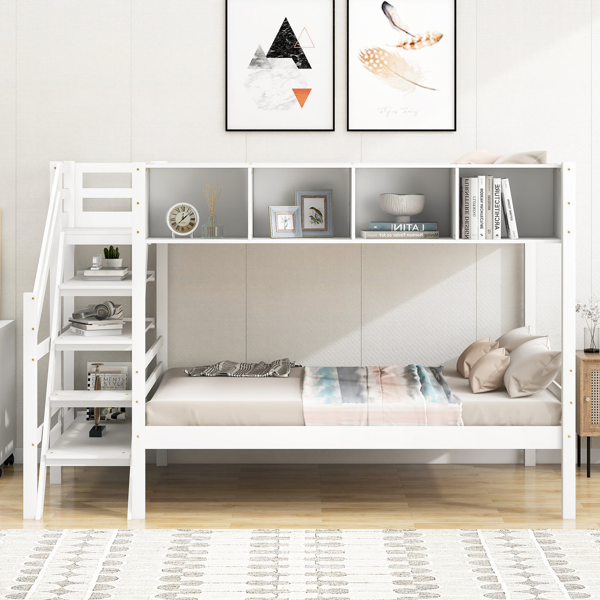 Twin over Full Bunk Bed with Staircase and Built-in Storage Cabinets,White - Home Elegance USA