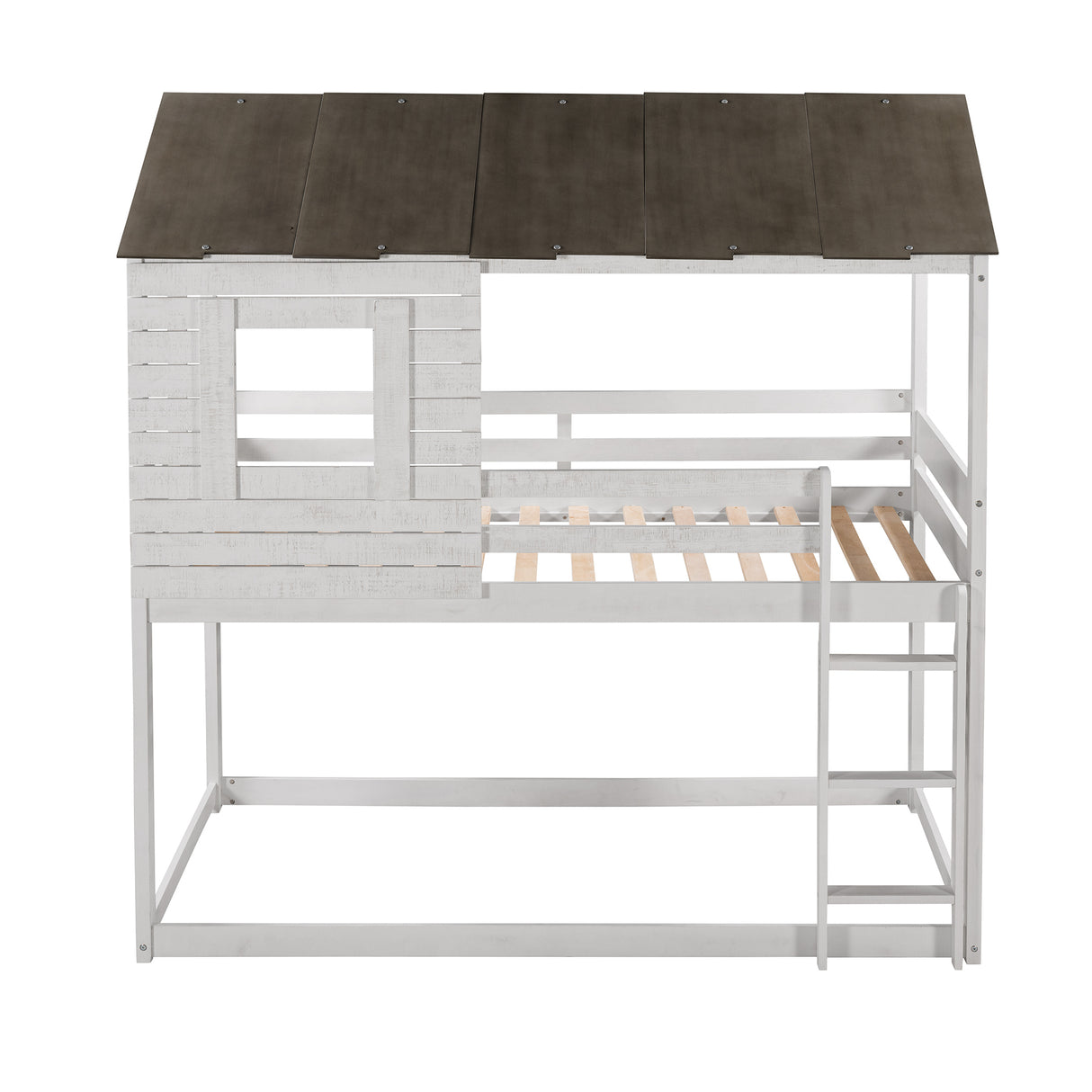 Twin Over Twin Bunk Bed Wood Loft Bed with Roof, Window, Guardrail, Ladder (Antique White)(old sku: LP000062AAM) - Home Elegance USA