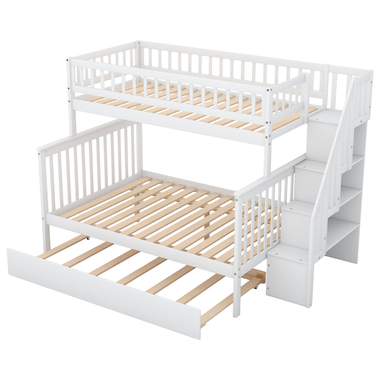 Twin over Full Bunk Bed with Trundle and Staircase,White - Home Elegance USA