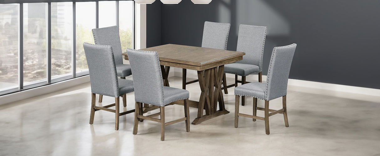 TOPMAX Mid-Century Solid Wood 7-Piece Dining Table Set Extendable Kitchen Table Set with Upholstered Chairs and 12" Leaf for 6, Golden Brown+Gray Cushion - Home Elegance USA