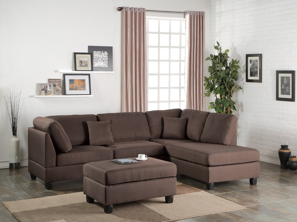 Chocolate Color 3pcs Sectional Living Room Furniture Reversible Chaise Sofa And Ottoman Polyfiber Linen Like Fabric Cushion Couch - Home Elegance USA