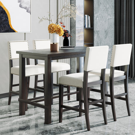 TREXM 5-Piece Counter Height Dining Set, Classic Elegant Table and 4 Chairs in Espresso and Beige - Home Elegance USA