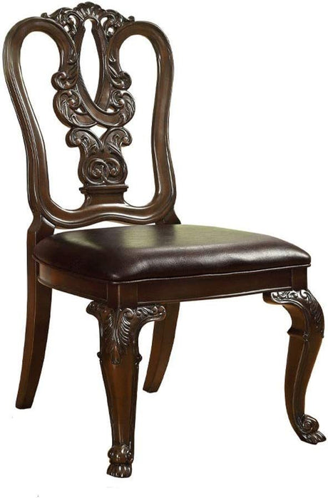 Traditional Intricate Back Design Set of 2 Side Chairs Brown Cherry Solid wood Chair Padded Leatherette Seat Kitchen Dining Room Furniture - Home Elegance USA