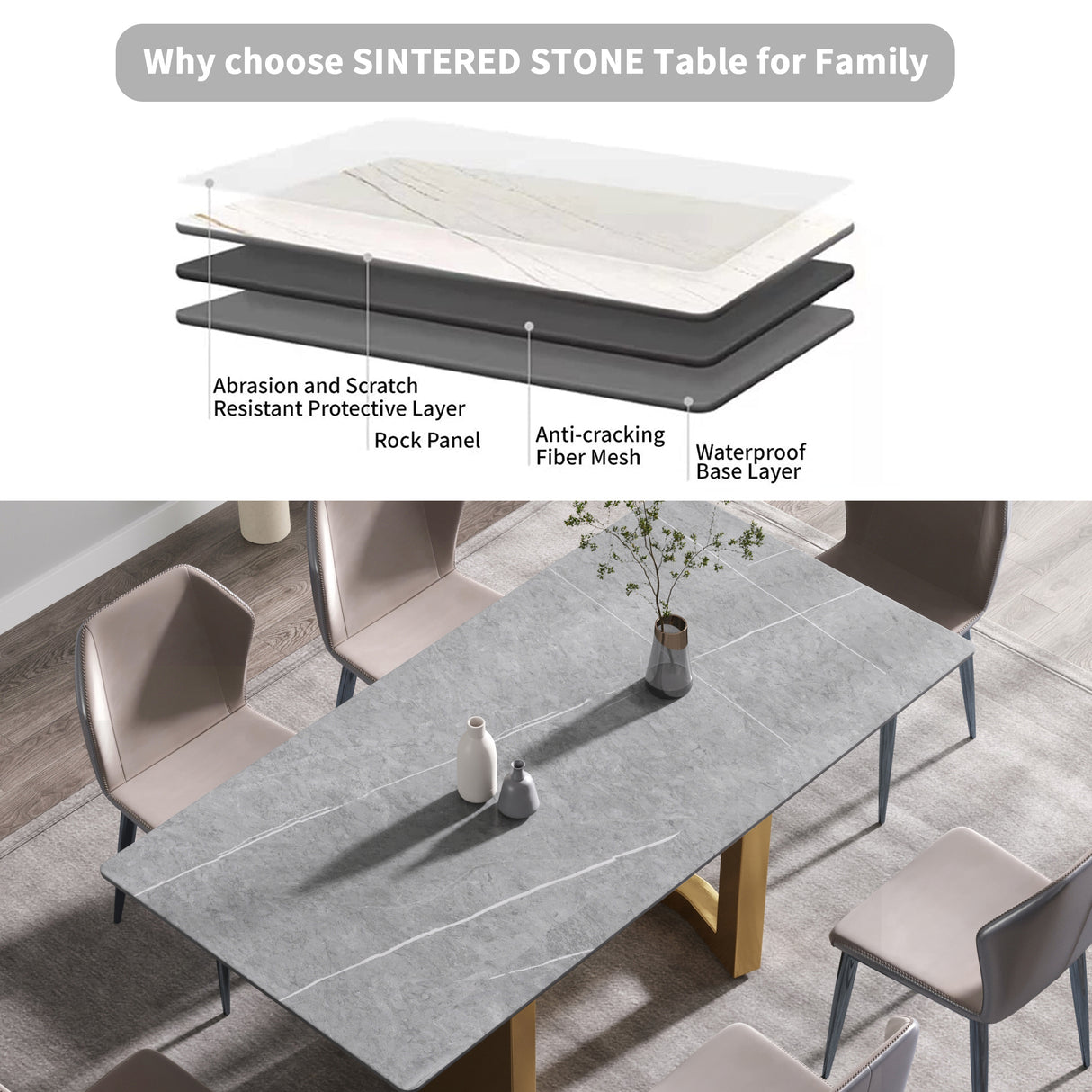 70.87" modern artificial stone gray straight edge golden metal leg dining table-can accommodate 6-8 people - Home Elegance USA