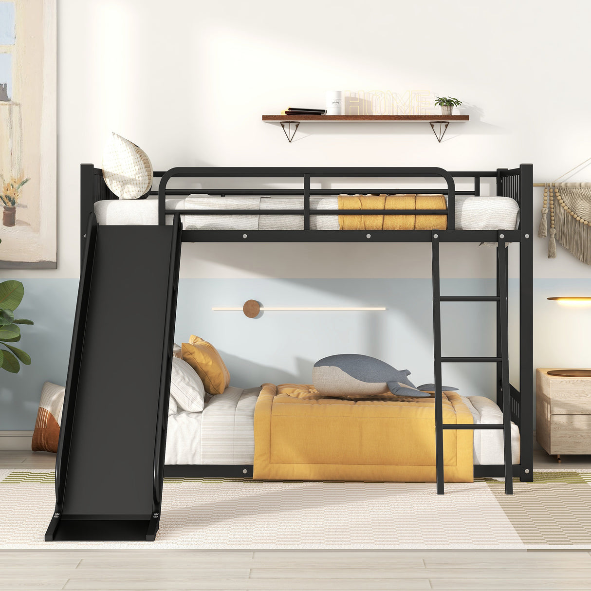 Metal Bunk Bed with Slide, Twin over Twin, Black - Home Elegance USA