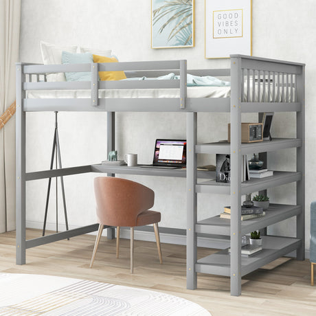 Full Size Loft Bed with Storage Shelves and Under-bed Desk, Gray(OLD SKU:SM000246AAE-1) - Home Elegance USA