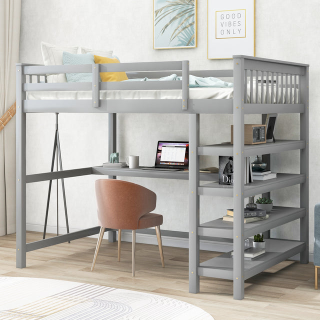 Full Size Loft Bed with Storage Shelves and Under-bed Desk, Gray(OLD SKU:SM000246AAE-1) - Home Elegance USA