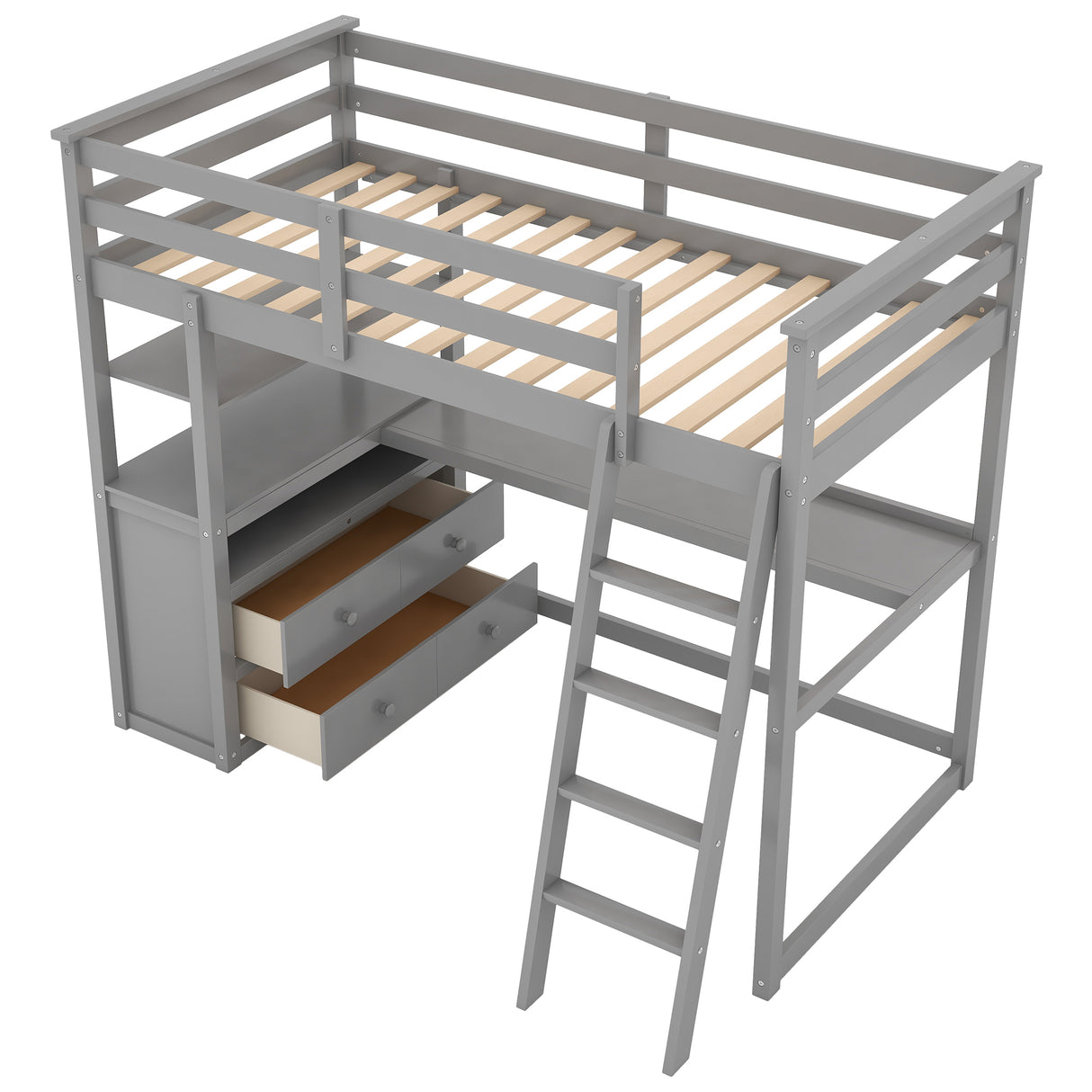 Twin Size Loft Bed with Desk and Shelves,Two Built-in Drawers,Gray(OLD SKU:GX000803AAE) - Home Elegance USA
